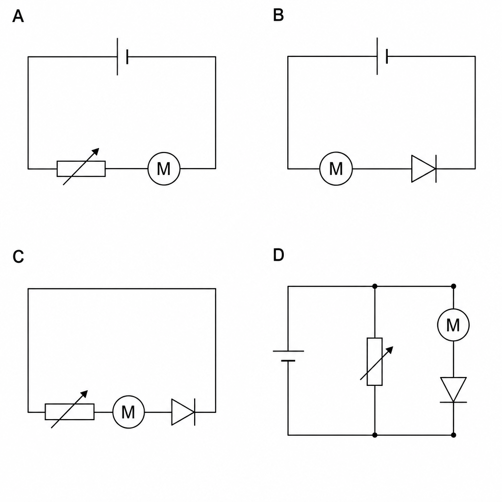Four circuit diagrams labeled A, B, C, and D