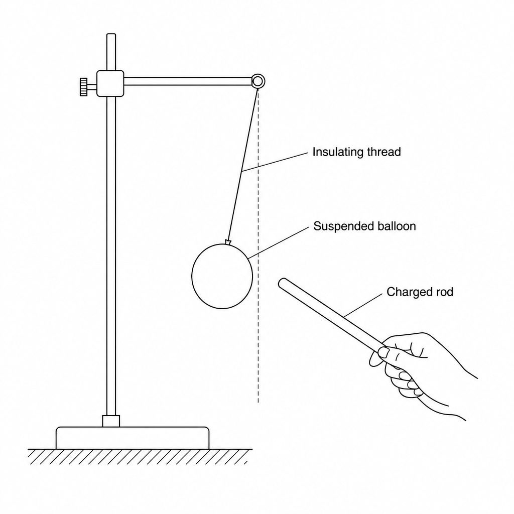 An electrostatic demonstration showing a balloon suspended from a stand by an insulating thread, and a charged rod held nearby.