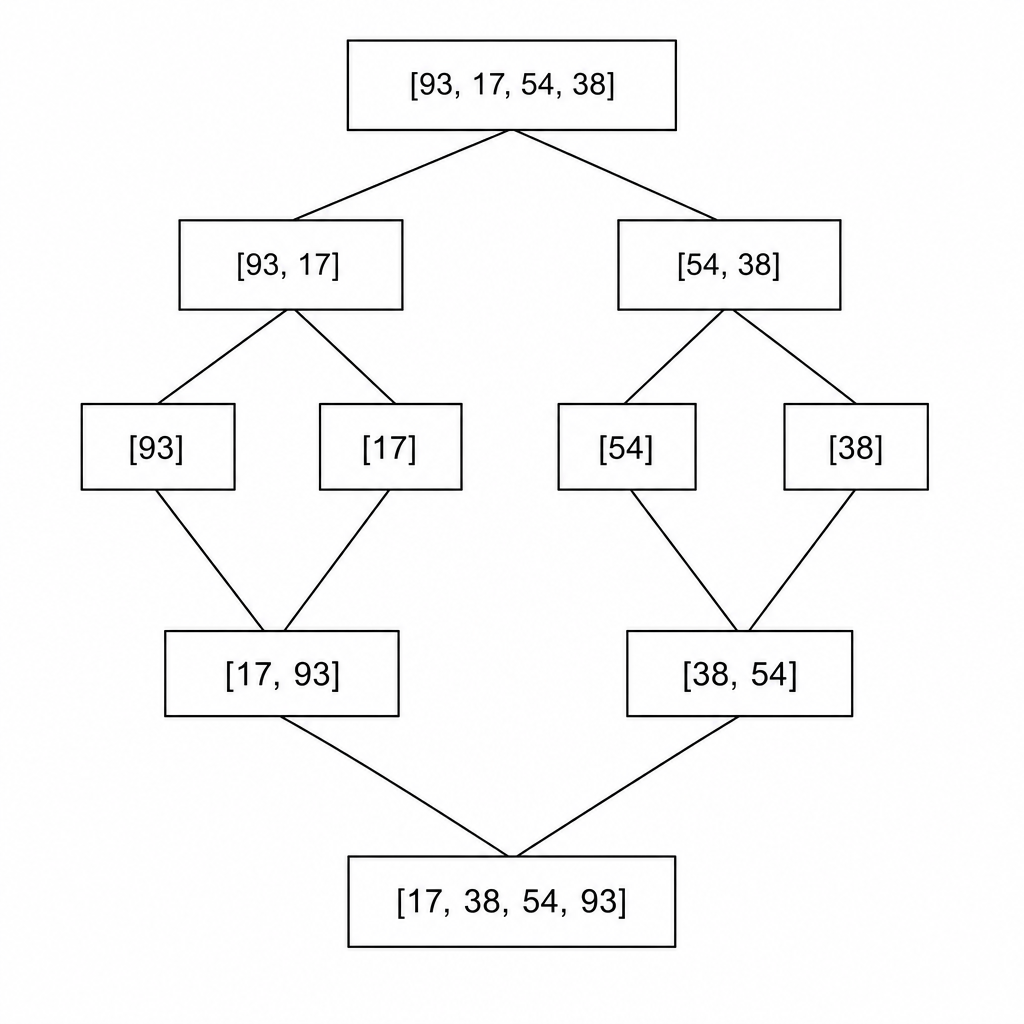 Merge sort tree diagram showing the split and merge phases for [93, 17, 54, 38]