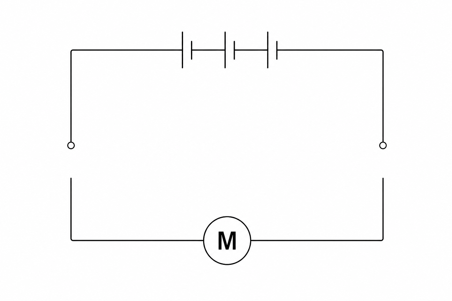 An incomplete circuit diagram template showing a three-cell battery at the top, a motor symbol (a circle with an 'M' inside) at the bottom, and open terminal wires on both sides.