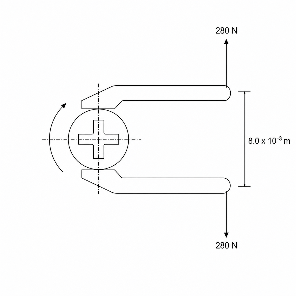 A top-down schematic view of a circular screw head being turned by a two-pronged key