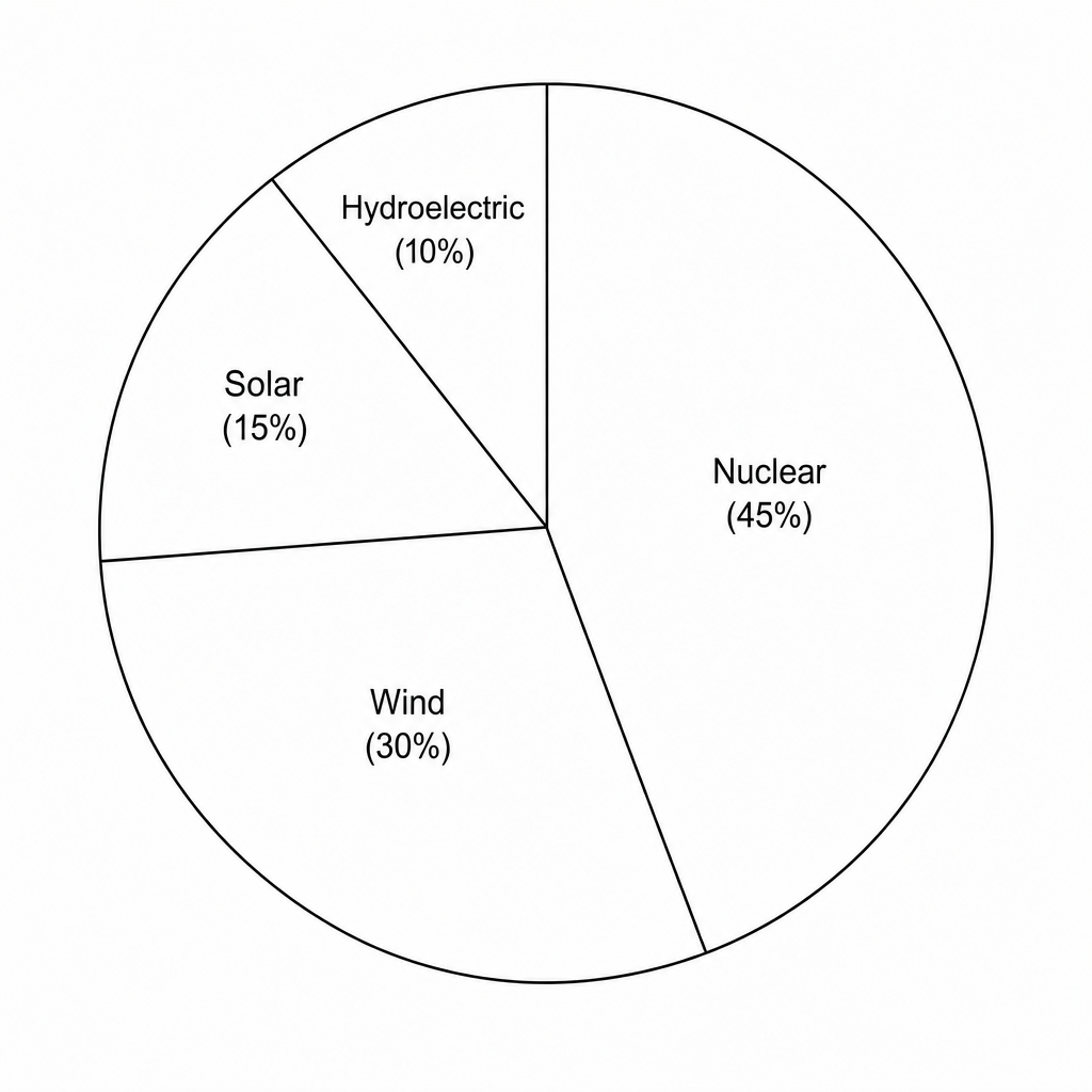Pie chart showing low-carbon electricity generation by source in 2023. Nuclear is the largest sector at 45%, Wind is 30%, Solar is 15%, and Hydroelectric is 10%.