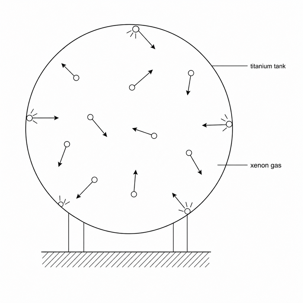 A schematic diagram of a spherical titanium tank filled with xenon gas. Inside the circular boundary of the tank, several small circular particles representing xenon atoms are shown with straight motion arrows pointing in random directions to indicate rapid, random motion. Some of these particles are shown in the middle of colliding with the inner circular wall of the tank.