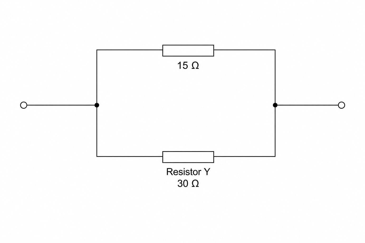 A circuit diagram containing a branch splitting into two parallel paths. The top path contains a resistor labeled 15 ohms, and the bottom path contains a resistor labeled resistor Y (30 ohms).
