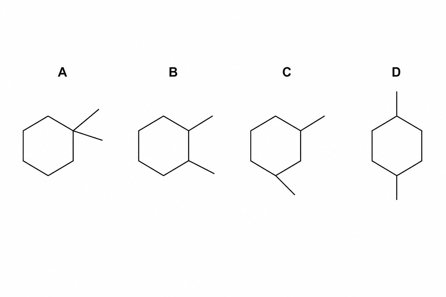Four skeletal structures of dimethylcyclohexane isomers labeled A, B, C, and D