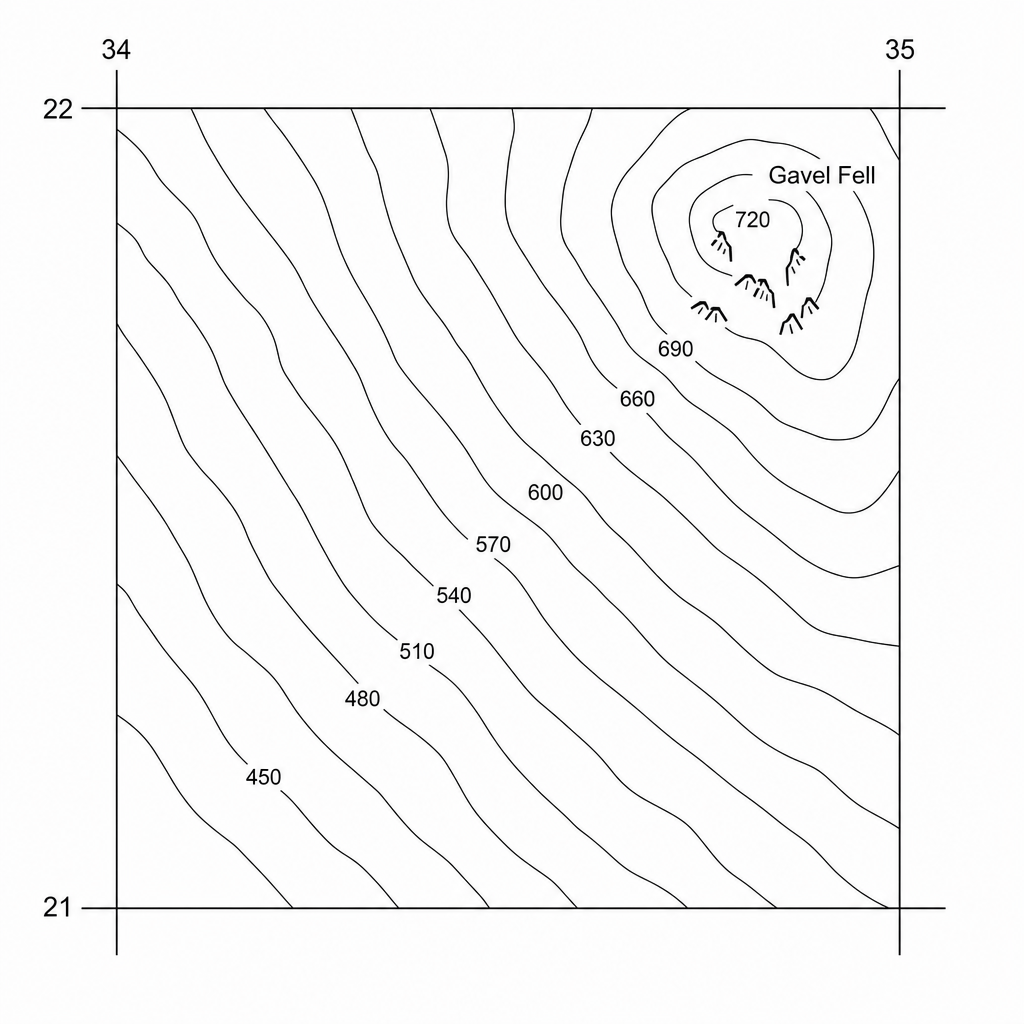 Figure 1: A topographic detailed map extract of a mountainous area in the Lake District, Cumbria. The map includes a grid system with square blocks and contour lines at 10m intervals. In Grid Square 3421, the contour lines are extremely closely spaced and run roughly from the northwest to the southeast. The elevation numbers on these contours increase from 450 metres in the south-west up to 720 metres near a peak labeled 'Gavel Fell' in the north-east of the square. A small rocky crag symbol is located near this highest point in the upper right.
