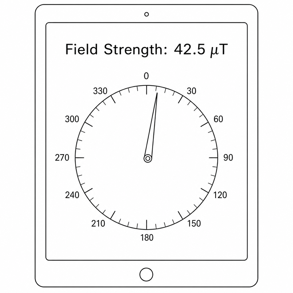 Figure 1: Tablet screen displaying the digital magnetometer app before the magnet is placed. It shows a digital reading of 'Field Strength: 42.5 μT' and a circular compass dial with a needle pointing to 12°.