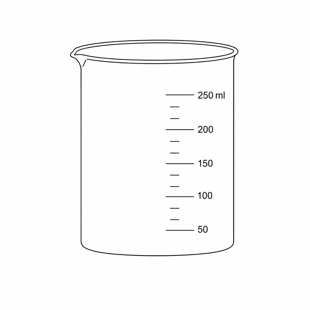Figure 1: A diagram of a wide, flat-bottomed glass vessel with straight, vertical sides and a small pouring lip on the rim. There are volume graduation markings on the side.
