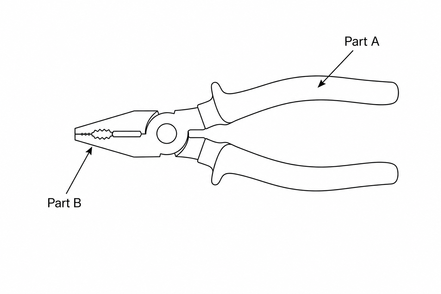 A pair of electrician's pliers. Part A points directly to the outer protective grip coating the handles. Part B points to the metallic jaw of the pliers.