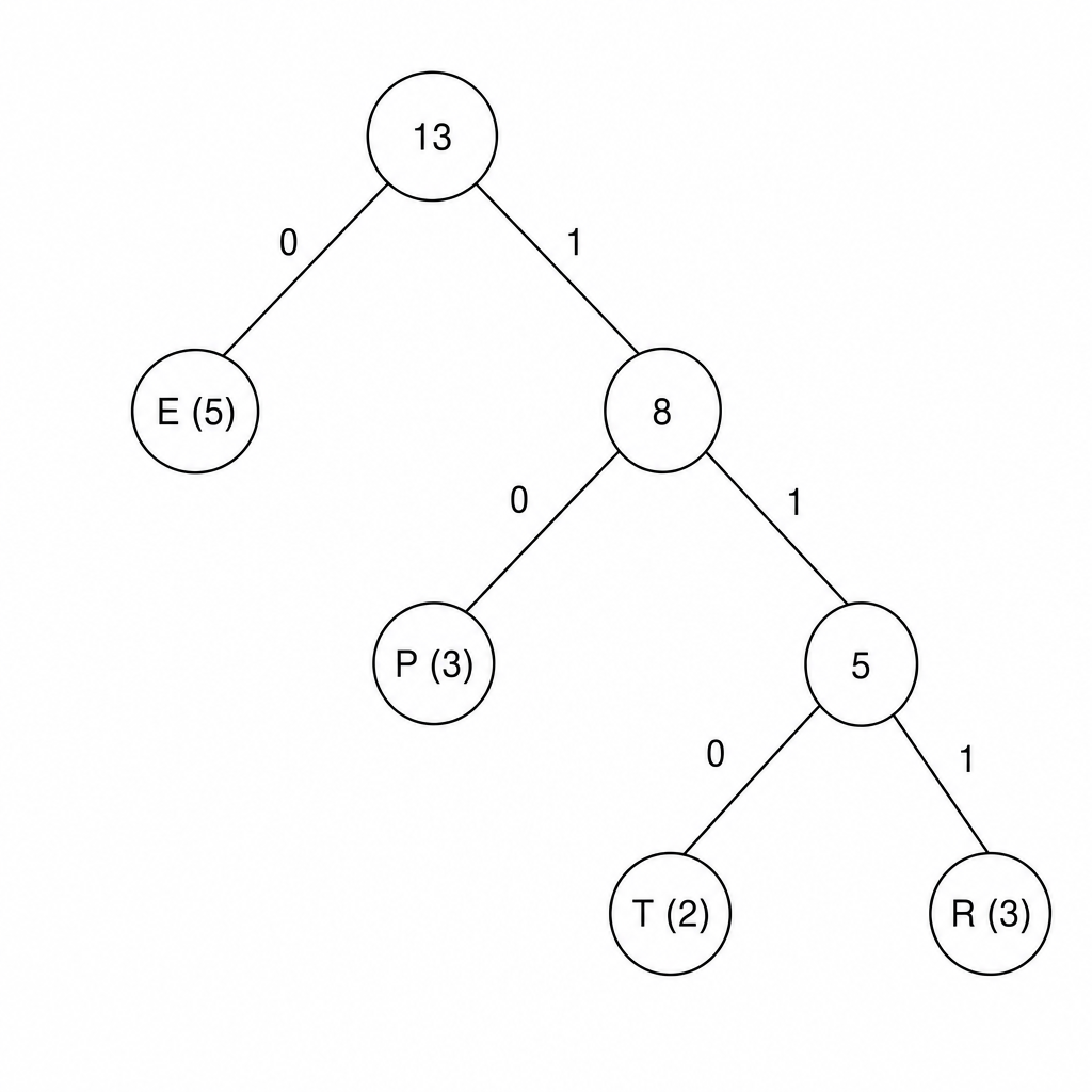 A binary Huffman tree with a root node labelled with frequency 13. The left branch is labelled '0' and leads directly to leaf node 'E' with frequency (5). The right branch is labelled '1' and leads to an intermediate node with frequency (8). From node (8), the left branch is labelled '0' and leads to leaf node 'P' with frequency (3); the right branch is labelled '1' and leads to an intermediate node with frequency (5). From node (5), the left branch is labelled '0' and leads to leaf node 'T' with frequency (2); the right branch is labelled '1' and leads to leaf node 'R' with frequency (3).