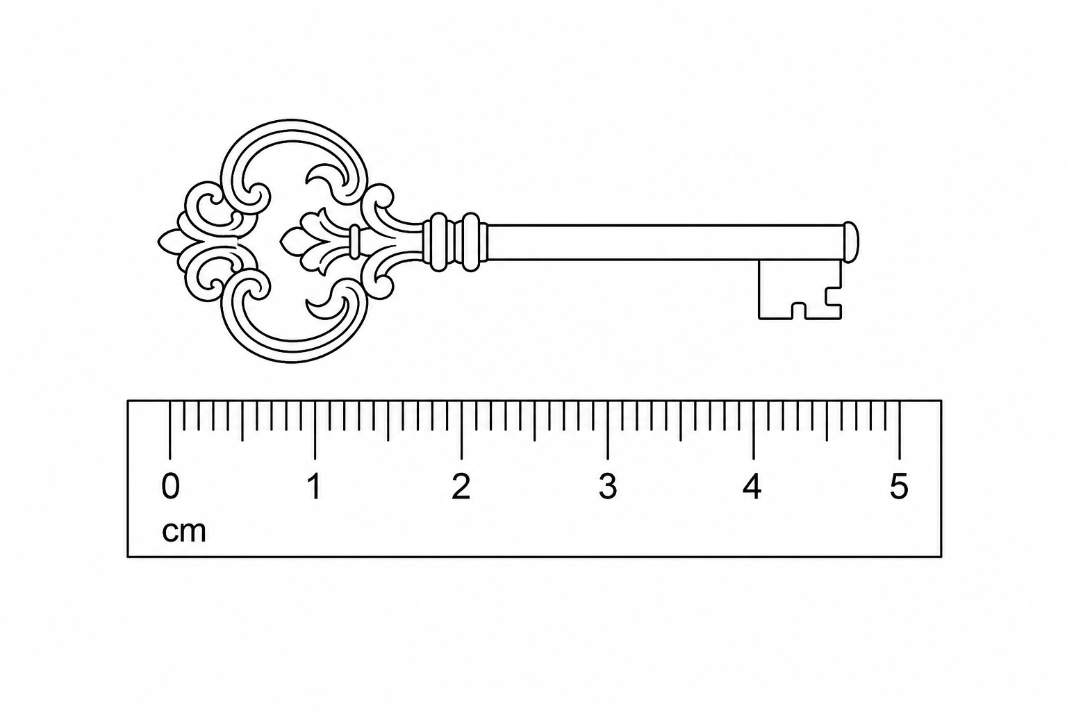 A photograph of an old-fashioned decorative brass key with an intricate bow, placed next to a ruler showing its length is approximately 4 cm.