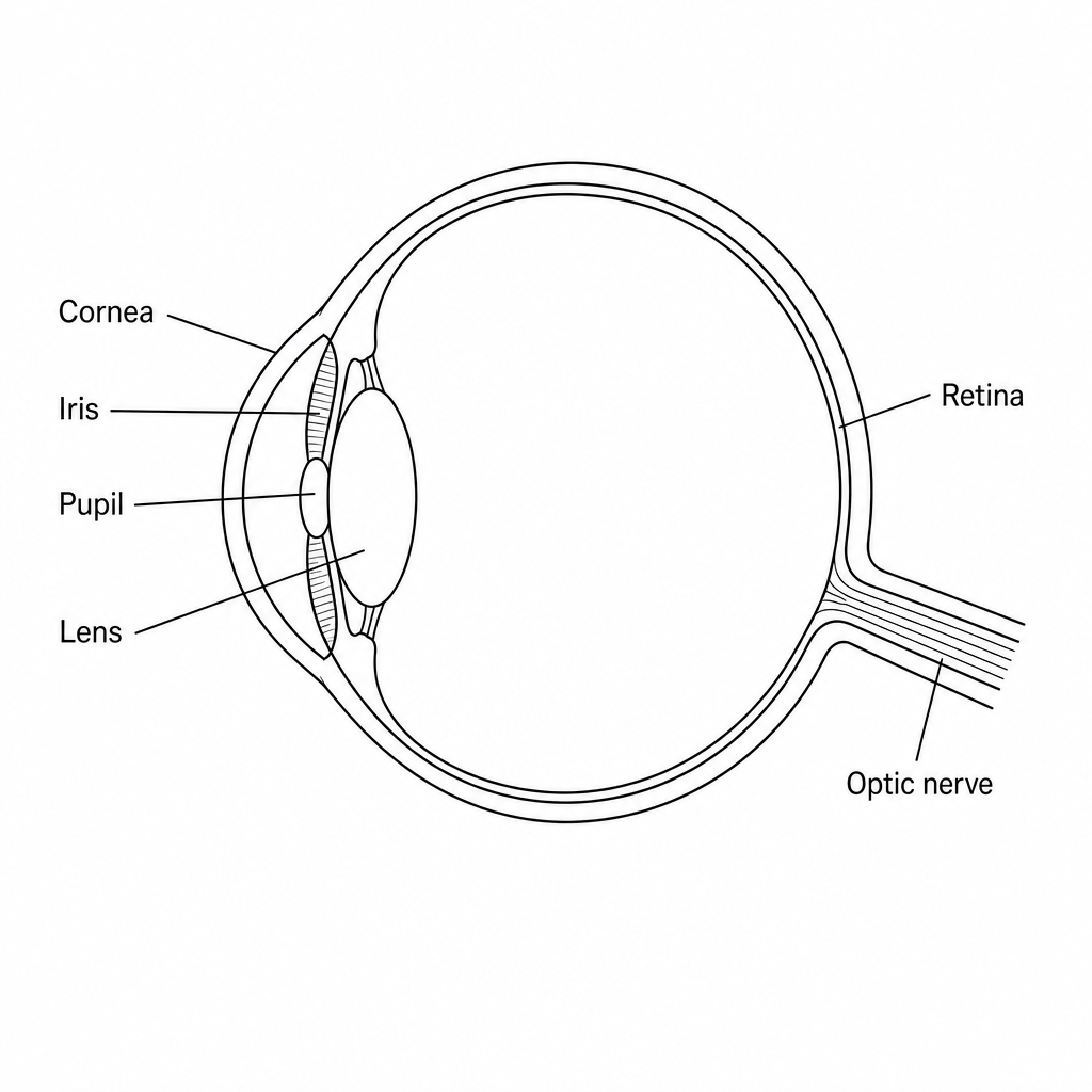 A cross-sectional diagram of the human eye showing the cornea, iris, pupil, lens, retina, and optic nerve.