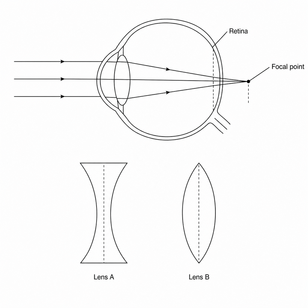 Figure 1: Diagram showing light rays entering an eye and converging at a focal point behind the retina, indicating hyperopia (long-sightedness). Below the eye diagram are two corrective lenses: Lens A, which is a bi-concave (diverging) lens, and Lens B, which is a bi-convex (converging) lens.