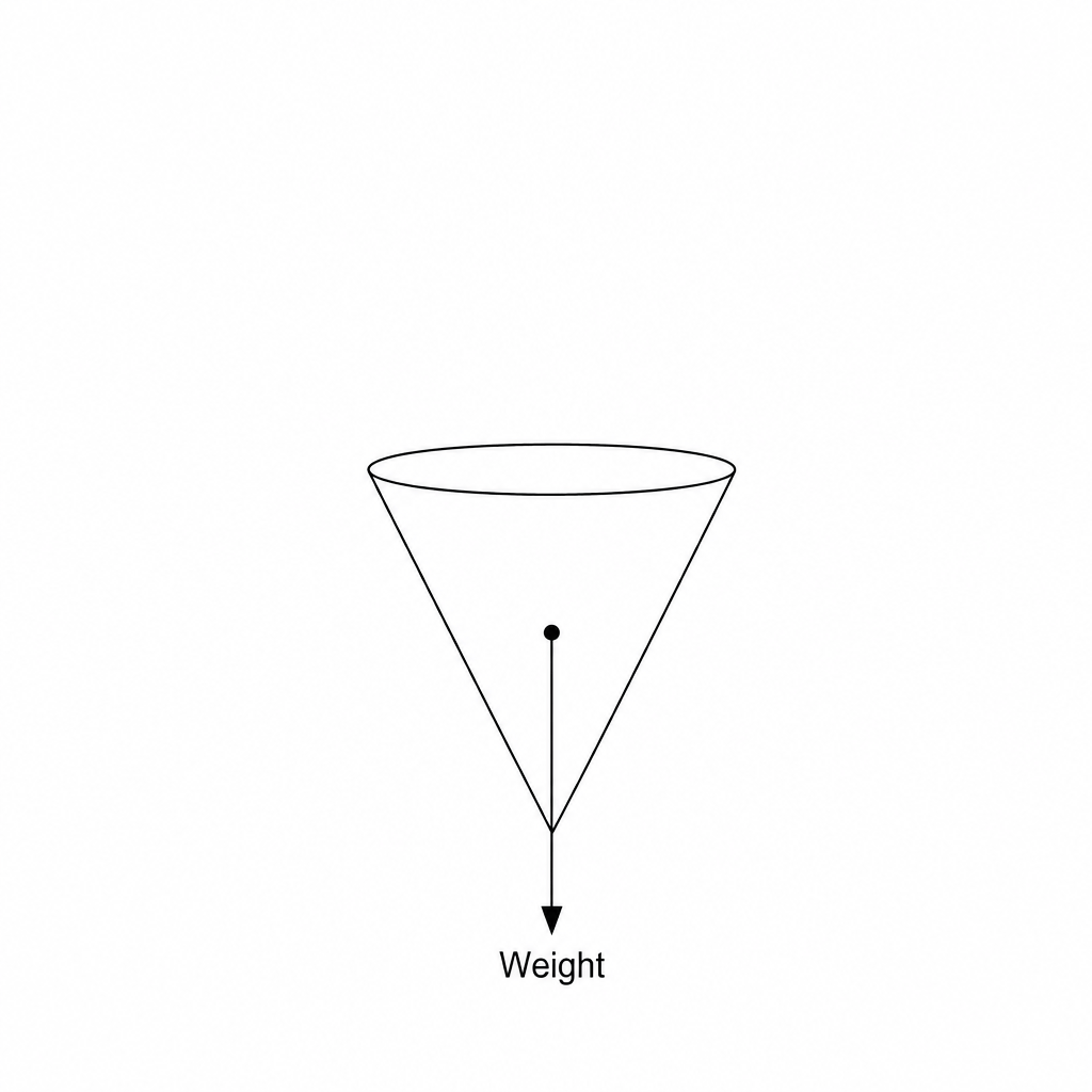 Figure 1: A cone-shaped paper coffee filter falling downwards through the air. A vertical arrow pointing straight downwards from the center of the coffee filter is labeled 'Weight'.