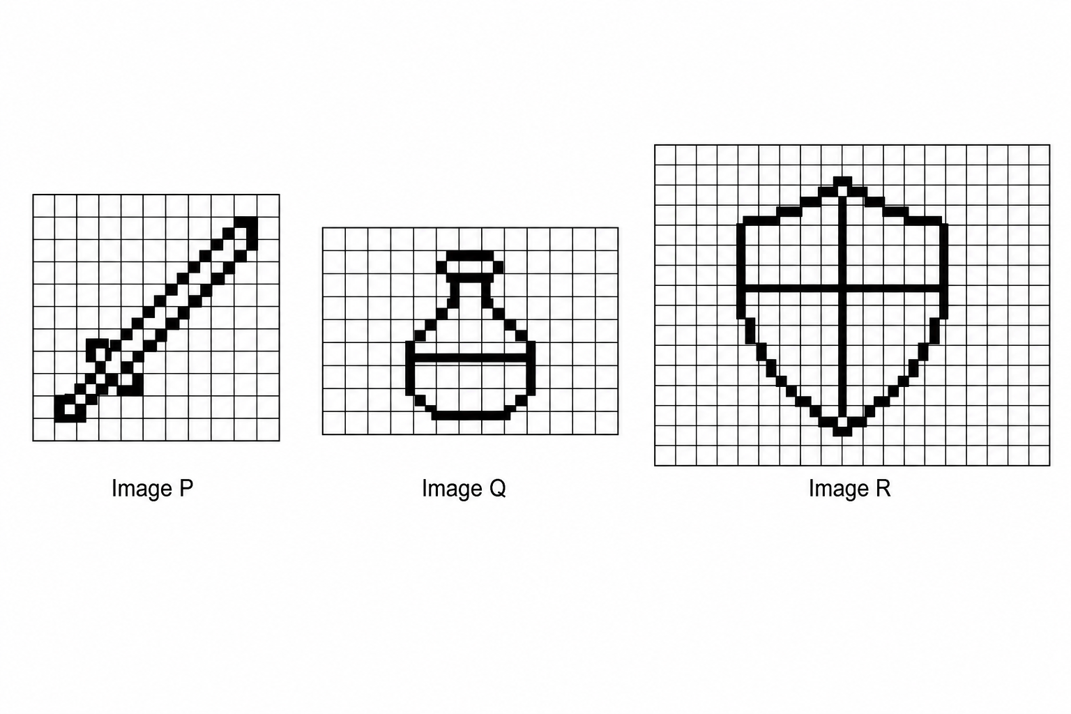 Figure 1: Three bitmap pixel grids. Image P is a grid of 10 pixels wide by 10 pixels high representing a simple sword icon. Image Q is a grid of 12 pixels wide by 8 pixels high representing a potion icon. Image R is a grid of 16 pixels wide by 12 pixels high representing a shield icon.