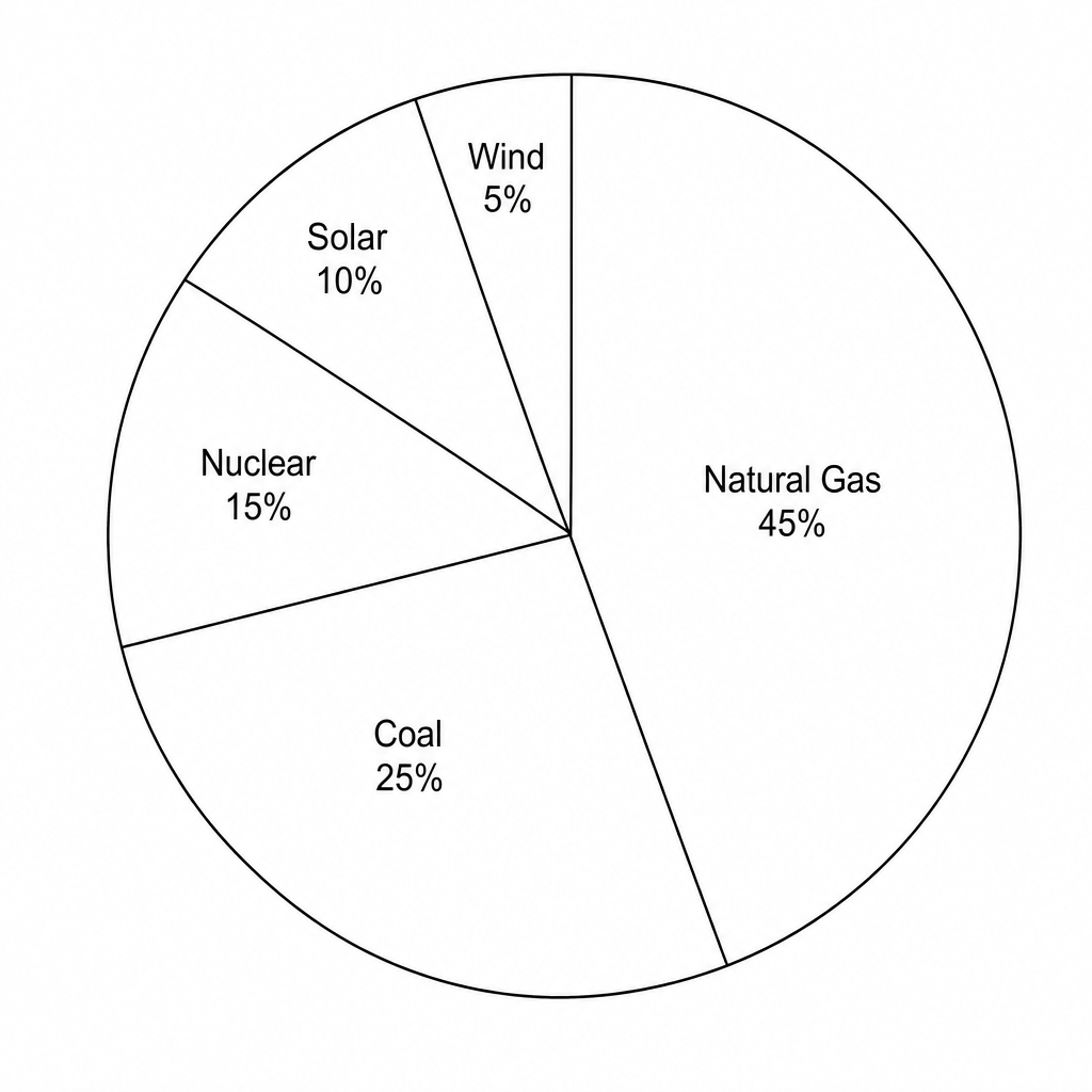 Pie chart showing the electricity generation sources for a regional power grid in 2023. Natural gas is the largest sector at 45%, followed by Coal at 25%, Nuclear at 15%, Solar at 10%, and Wind at 5%.