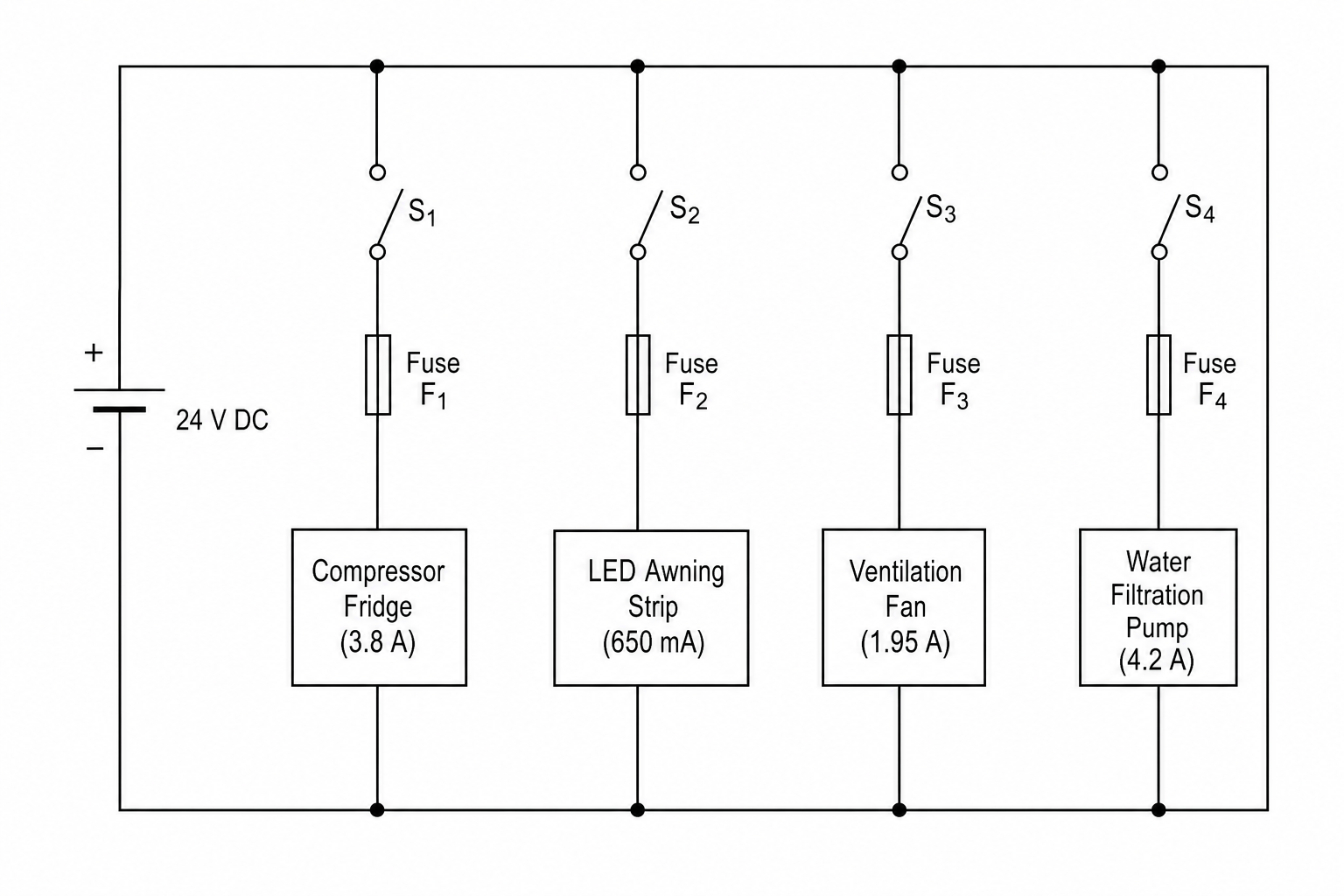 Campervan 24V DC parallel circuit schematic