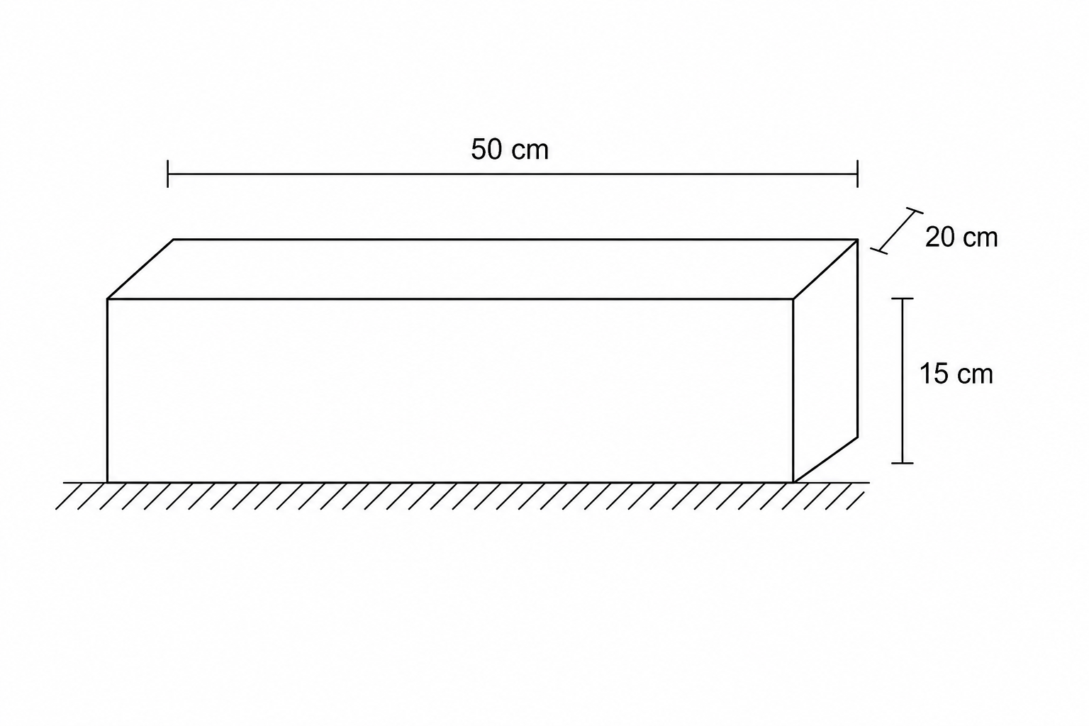 A rectangular concrete ballast block resting on the floor. The diagram shows the block with three labelled dimensions: length is 50 cm, width is 20 cm, and height is 15 cm. The top surface of the block is a flat rectangle of dimensions 50 cm by 20 cm.