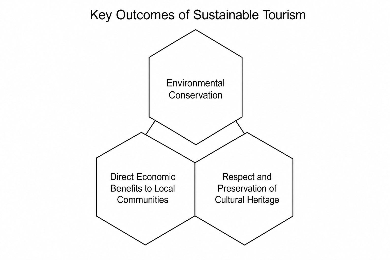 A diagram titled 'Key Outcomes of Sustainable Tourism' showing three connected hexagon shapes: 'Environmental Conservation', 'Direct Economic Benefits to Local Communities', and 'Respect and Preservation of Cultural Heritage'.
