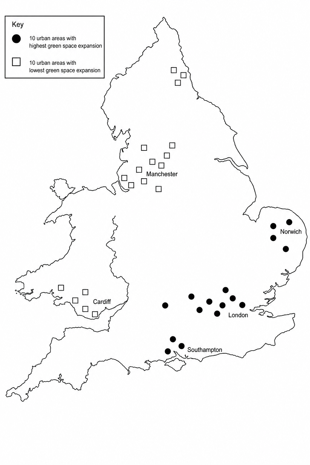 Map of England and Wales showing the distribution of urban areas. The key shows two categories: '10 urban areas with the highest rates of green spaces expansion' represented by dark green circles, and '10 urban areas with the lowest rates of green space expansion' represented by light brown squares. The dark green circles (highest expansion) are heavily clustered in the South East and East of England, around London, Reading, Southampton, and Norwich. The light brown squares (lowest expansion) are clustered in the North of England, around Liverpool, Manchester, Leeds, and Newcastle, with some in South Wales around Cardiff and Swansea.