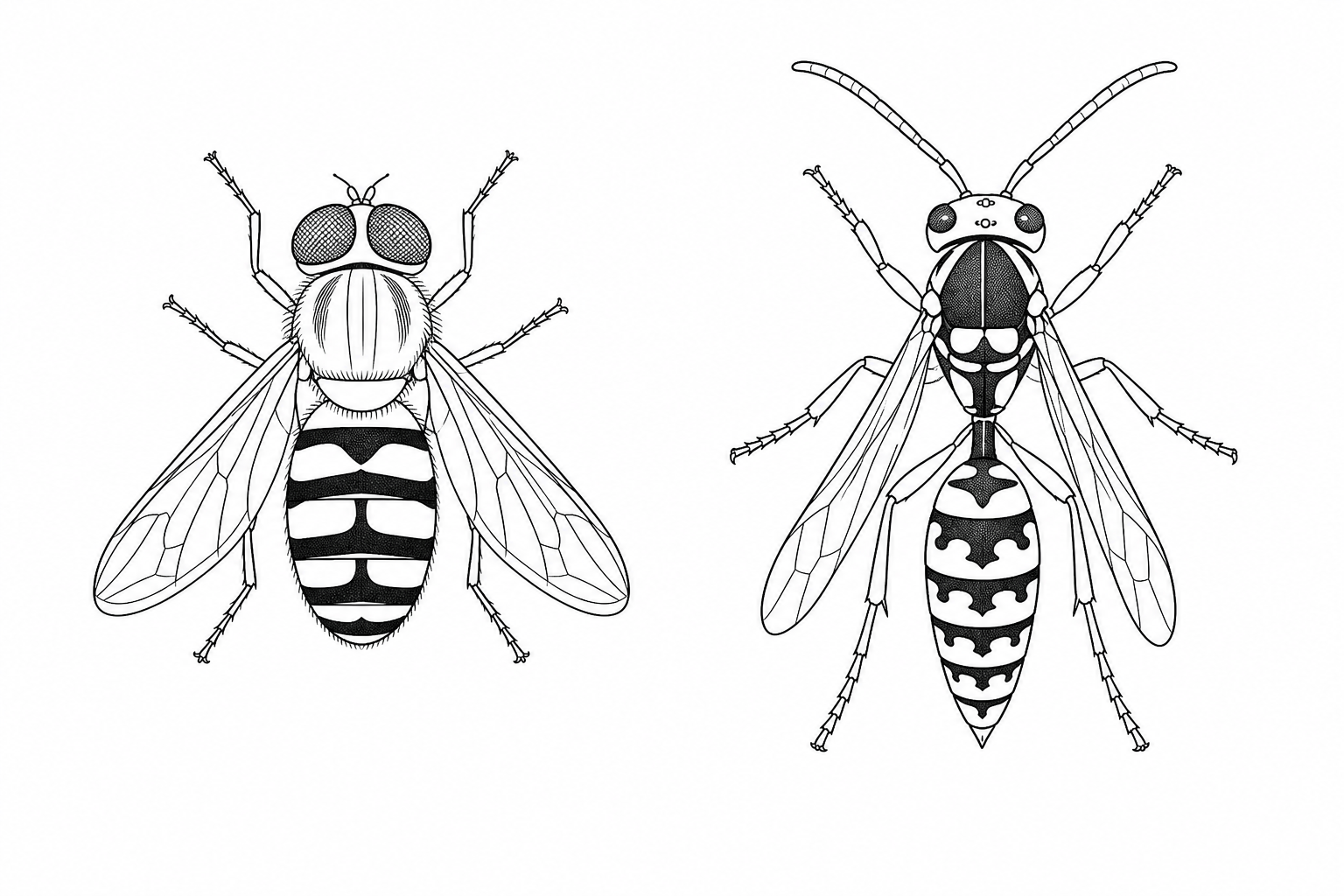 A comparison of a harmless hoverfly and a stinging common wasp.