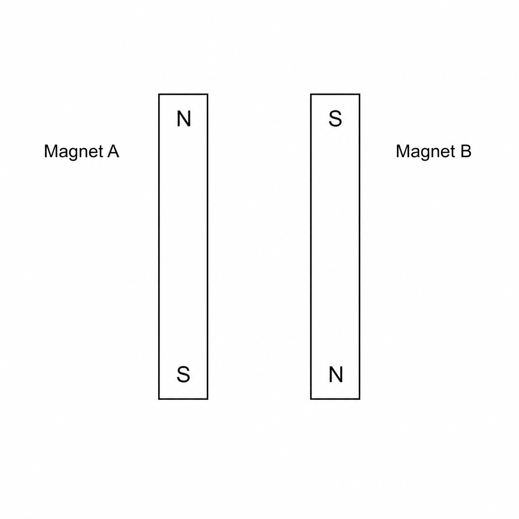 Two vertical parallel bar magnets, Magnet A and Magnet B.