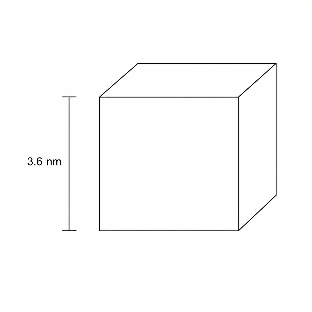 A diagram of a cube representing a cubic nanoparticle. One of its vertical edges is labeled with its height, 3.6 nm.