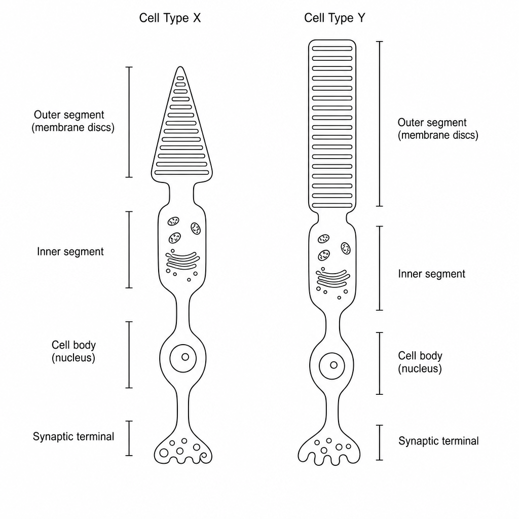 Diagram showing two types of retinal photoreceptor cells found in the human eye: Cell Type X has a conical, pointed outer segment (cone cell), while Cell Type Y has a cylindrical, rod-like outer segment (rod cell).