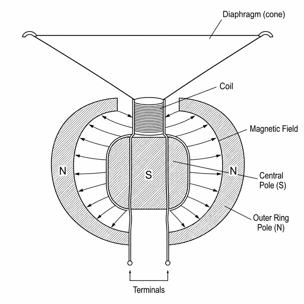 A cross-sectional diagram of a moving-coil unit. A flexible paper cone/diaphragm is attached to a cylindrical coil of copper wire. This coil is suspended in a radial magnetic field between the central pole and outer ring of a permanent magnet. The ends of the coil are connected to external electrical terminals.