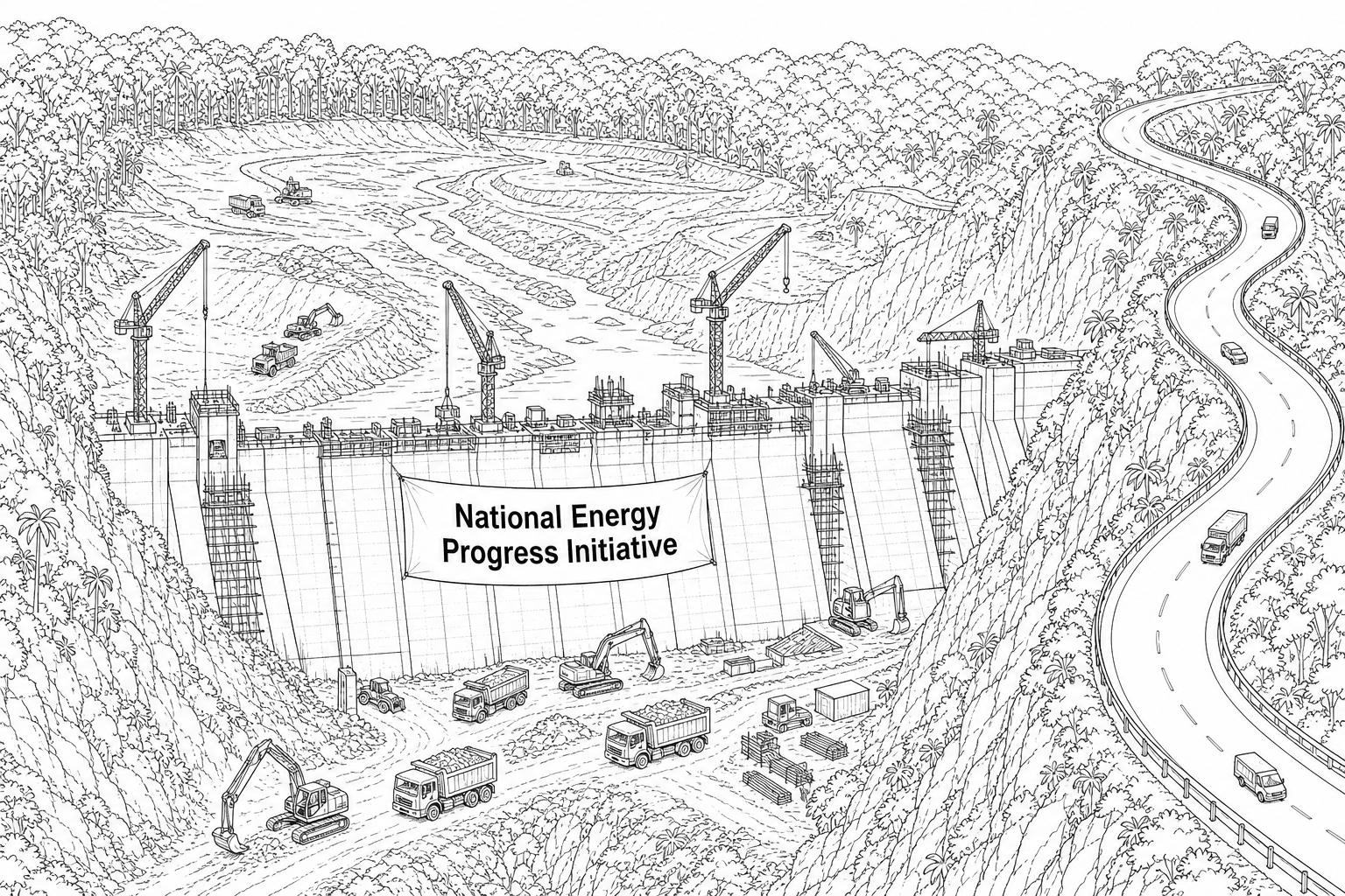 Figure 2b: A massive concrete hydroelectric dam under construction in a tropical river valley. Giant cranes, trucks, and heavy earth-moving machinery are active on-site. Large areas of forest upstream have been cleared, and a modern multi-lane paved access road runs along the canyon ridge. A large banner on the dam wall reads 'National Energy Progress Initiative'.