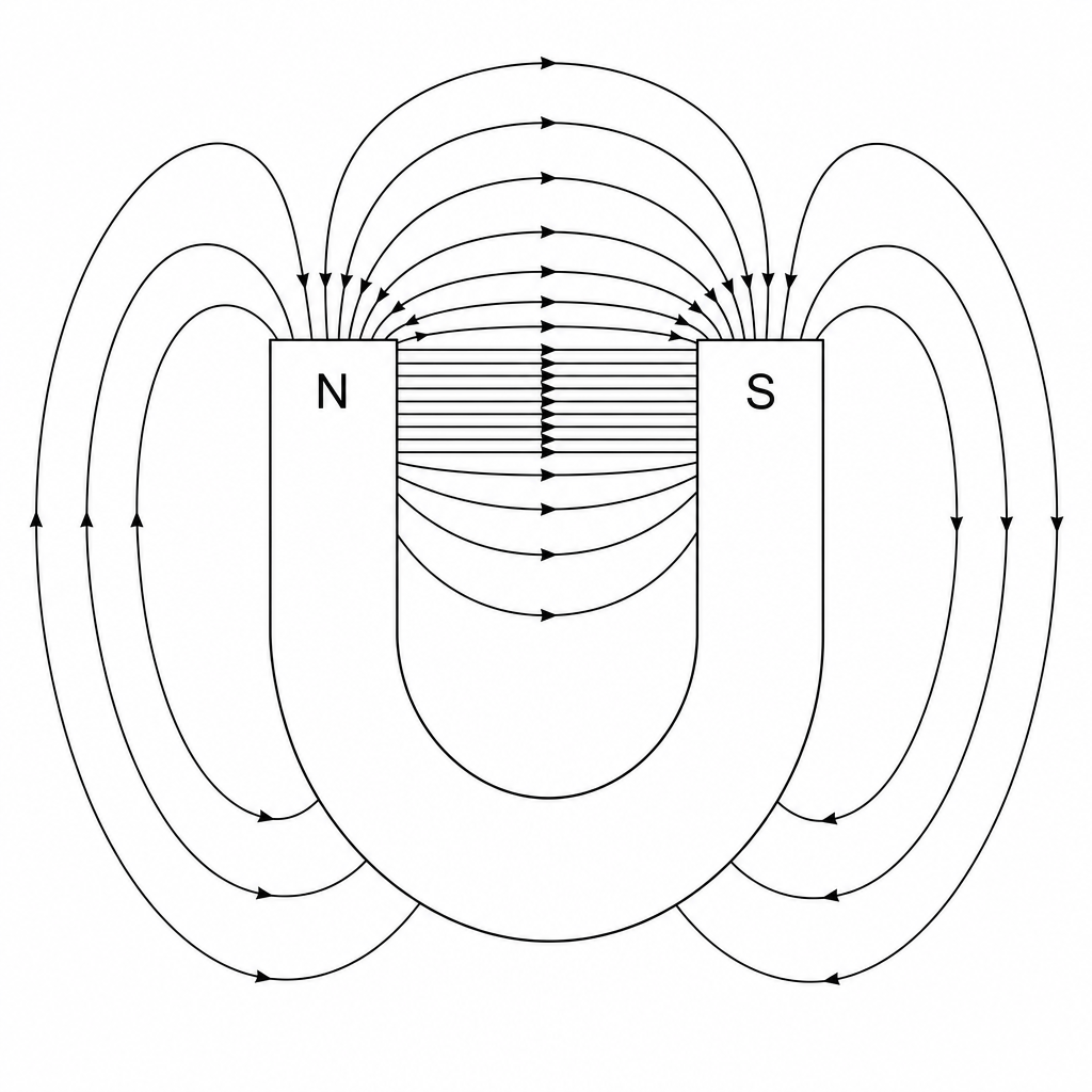 Figure 1: A diagram of a horseshoe magnet with its North (N) and South (S) poles labeled at the two ends of the U-shape. Magnetic field lines are shown as curves emerging from the North pole and entering the South pole, with the lines being most densely packed in the space directly between the two poles.