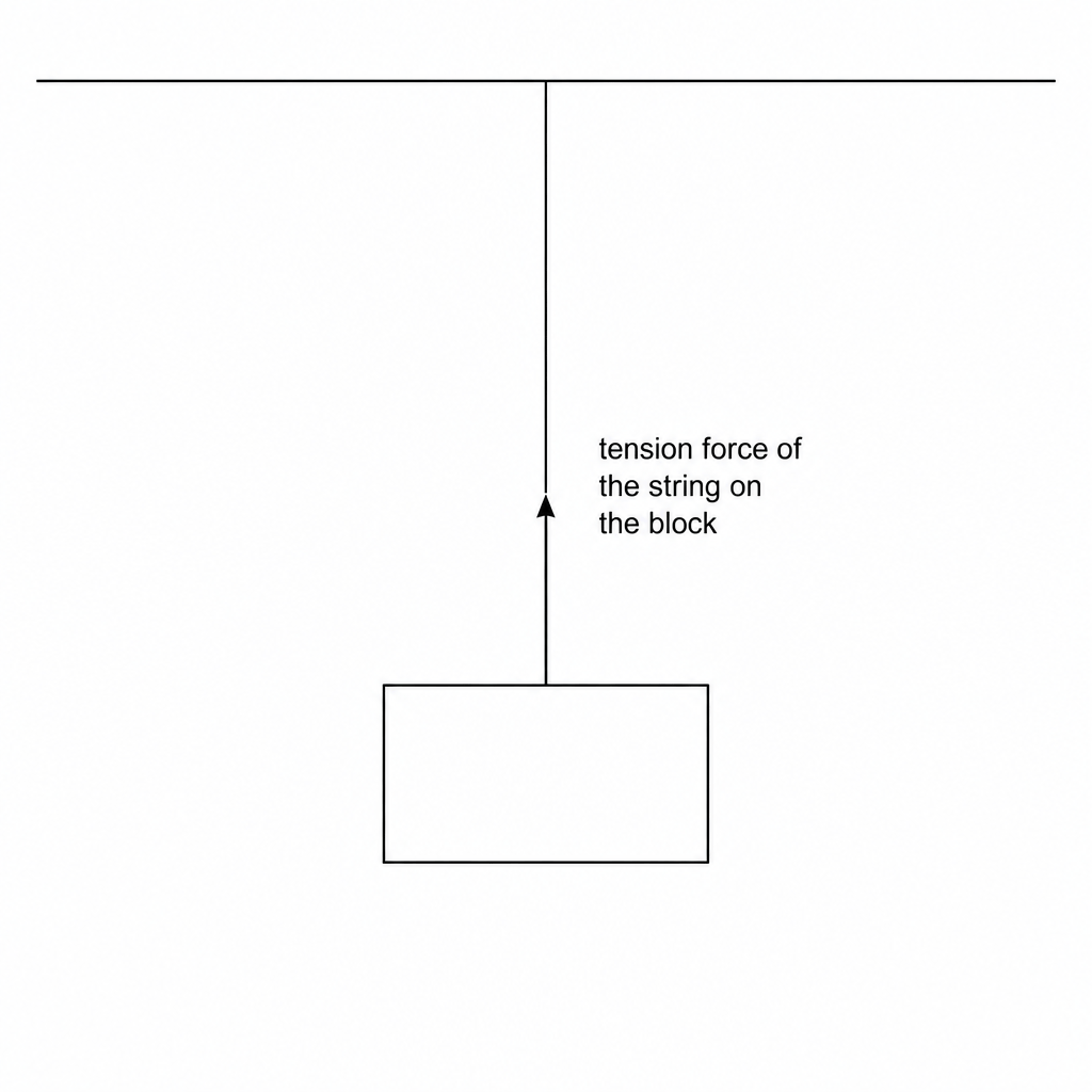 Diagram of a wooden block suspended from a ceiling by a string. A vertical arrow points upwards from the top center of the block, labeled 'tension force of the string on the block'.
