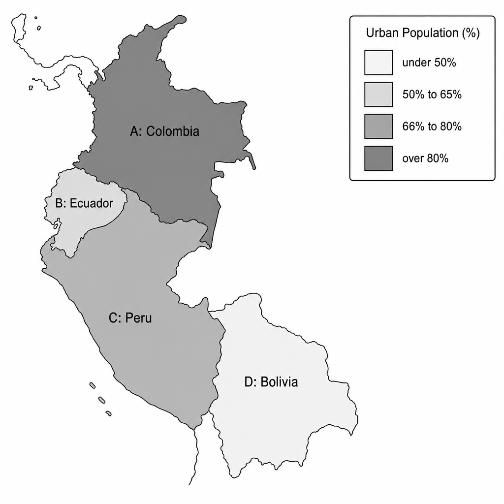 Figure 1a: Map of Northwestern South America showing urbanization levels. The key shows four categories: under 50% (lightest grey), 50% to 65% (light grey), 66% to 80% (medium grey), and over 80% (dark grey). Four countries are labelled: Country A (Colombia, shaded dark grey, representing over 80%), Country B (Ecuador, shaded light grey, representing 50% to 65%), Country C (Peru, shaded medium grey, representing 66% to 80%), and Country D (Bolivia, shaded lightest grey, representing under 50%).