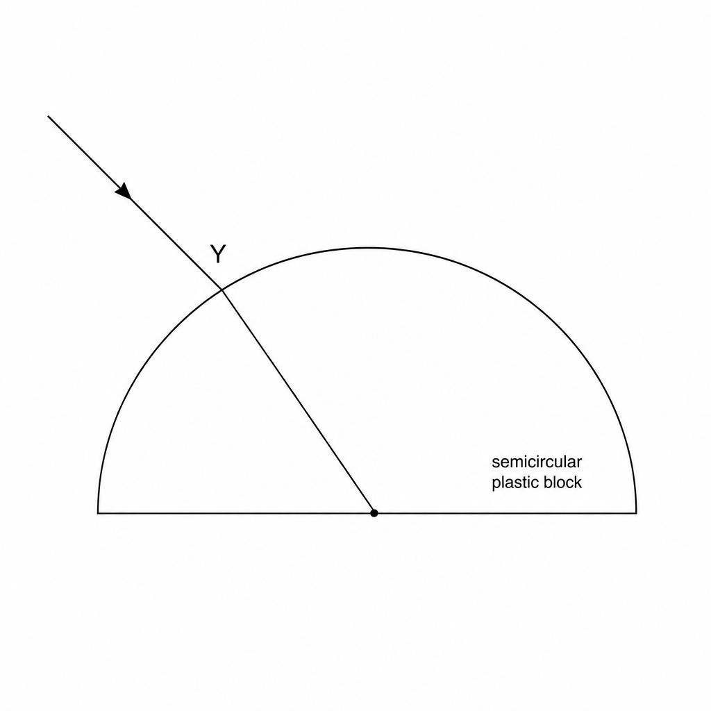 Semicircular plastic block with light ray