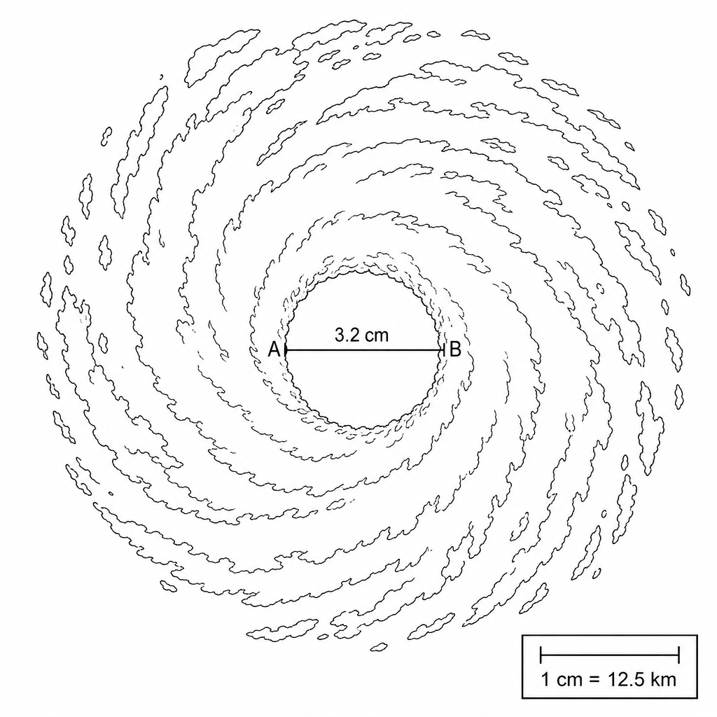 Figure 1: Satellite image of Cyclone Winston showing a circular eye with line A-B representing its diameter.