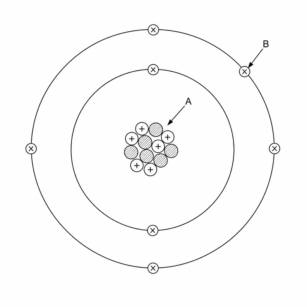 An atomic diagram of element X. The central cluster of particles is labeled A; it contains 6 spheres with a '+' sign (protons) and 6 solid black spheres (neutrons). Around this central cluster are two concentric circular electron shells: the inner ring has 2 electrons marked as 'x', and the outer ring has 4 electrons marked as 'x'. One of these outer-shell electrons is labeled B.