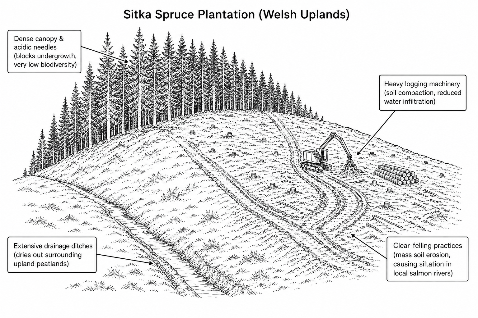Diagram showing the long-term impact of a commercial Sitka spruce forestry plantation. Key impacts shown: clear-felling harvesting practices exposing bare soil, leading to severe siltation in local salmon rivers; heavy logging machinery compacting soil and reducing water infiltration; dense canopy and acidic pine needles preventing undergrowth vegetation, resulting in very low levels of biodiversity compared to native broadleaf woodlands; extensive drainage ditches drying out surrounding upland peatlands.