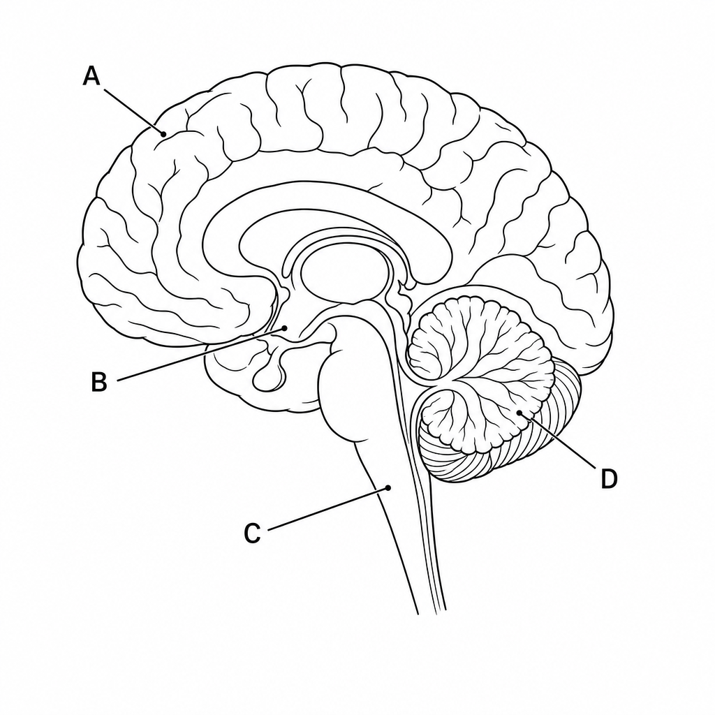 A diagram of the human brain, shown in sagittal section. Four regions are labeled with letters. Label A points to the cerebrum. Label B points to the hypothalamus. Label C points to the medulla oblongata. Label D points to the cerebellum.