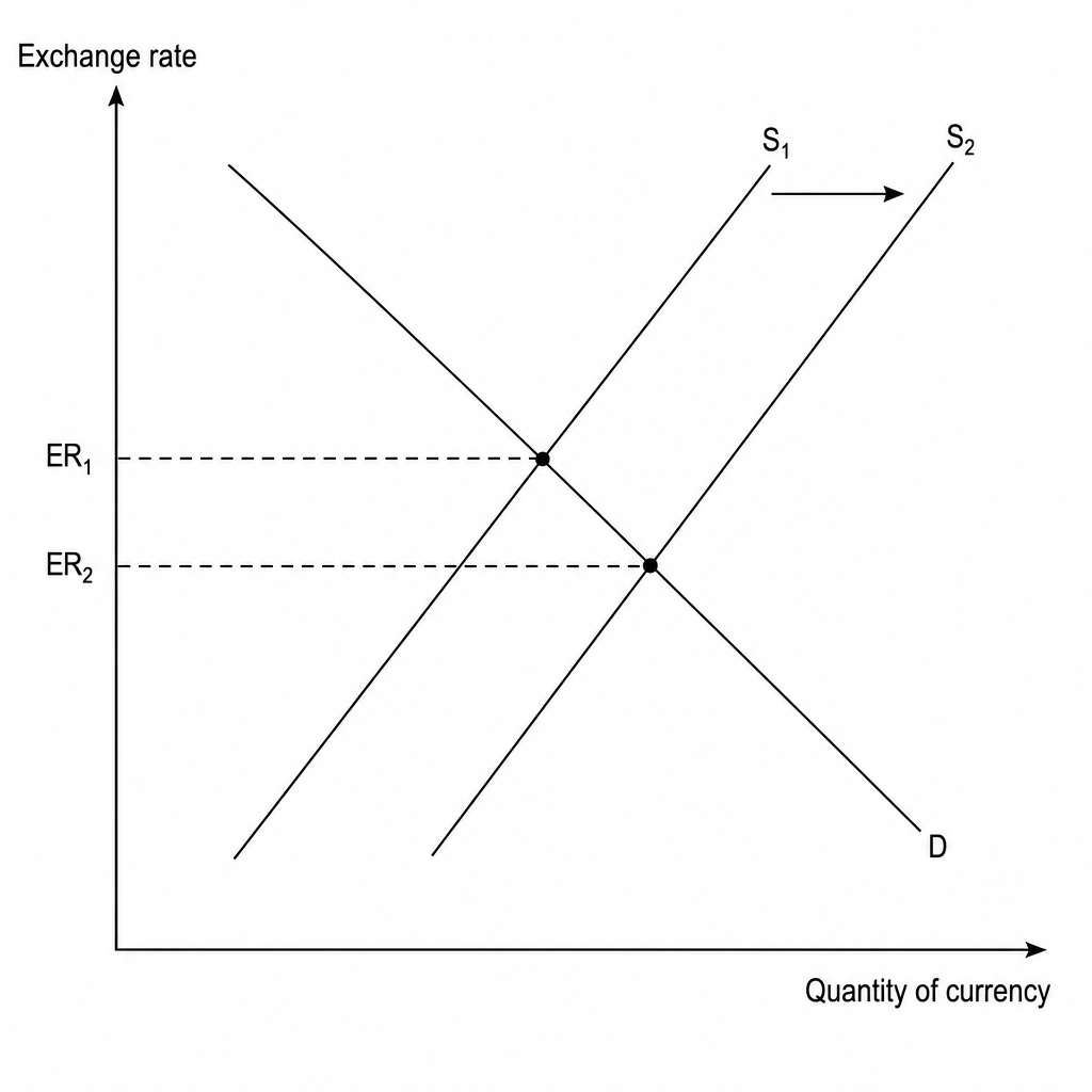 A supply and demand diagram showing a rightward shift of the currency supply curve from S1 to S2, which causes the exchange rate to fall from ER1 to ER2.