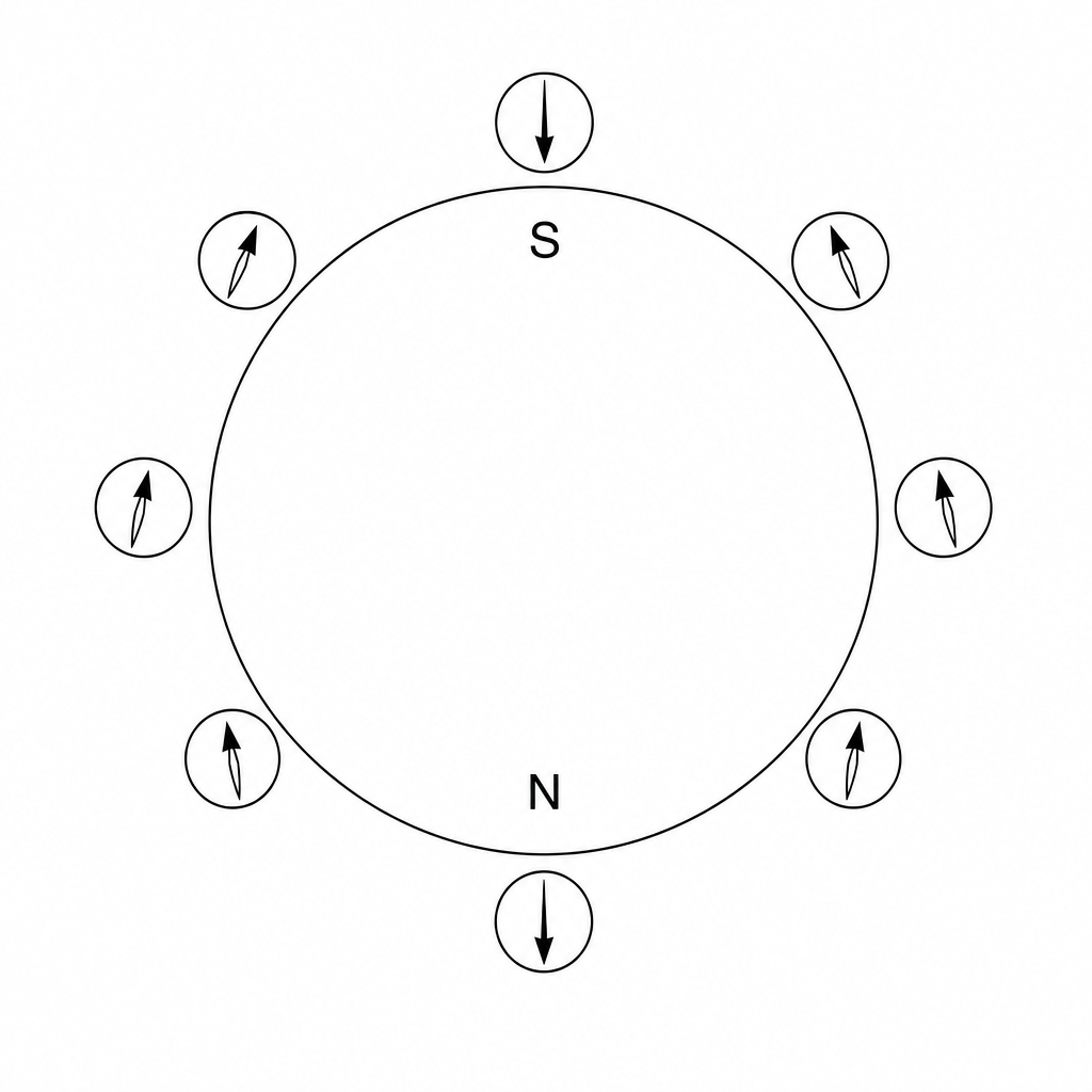 Figure 1: A circular cross-section representing a spherical magnet. Near the top outer surface, a compass needle arrow points vertically downwards into the sphere. Near the bottom outer surface, a compass needle arrow points vertically downwards away from the sphere. At the left and right sides, compass needles point in curved downward paths from bottom to top. The top of the sphere represents magnetic South and the bottom represents magnetic North.
