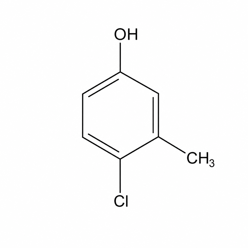 The chemical structure of chlorocresol. It consists of a benzene ring with a hydroxyl group (-OH) at position 1 (top position), a methyl group (-CH3) at position 3, and a chlorine atom (-Cl) at position 4 (bottom position).