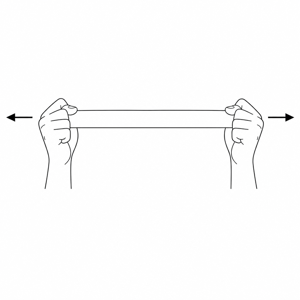 Figure 1: A diagram of a person holding two ends of a flat, elastic resistance band, pulling their hands apart horizontally to stretch the band.