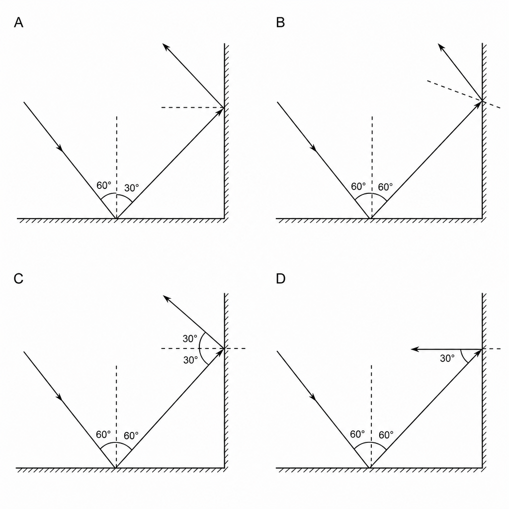Four proposed paths of a light ray reflecting off two perpendicular plane mirrors