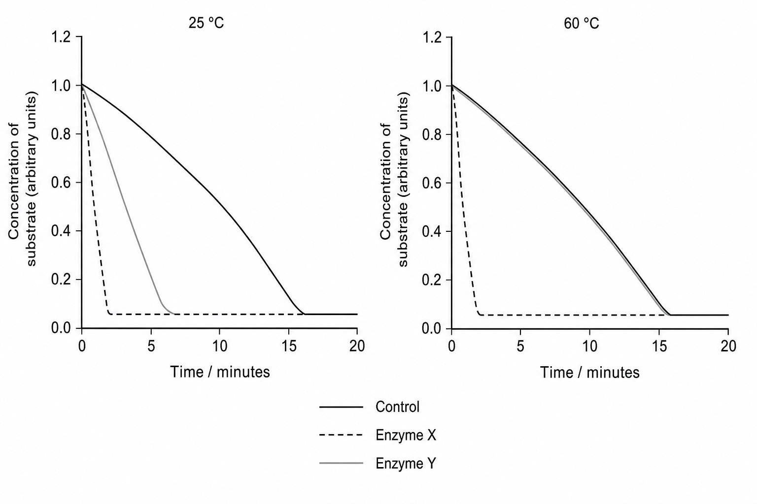 Two line graphs side-by-side representing Figure 1. Both plots show concentration of substrate in arbitrary units on the y-axis, from 0.0 to 1.2, against time in minutes on the x-axis, from 0 to 20. The left graph is labeled "25 °C" and has three curves: a solid black line (Control) descending slowly from 1.0 to 0.05 at 15 minutes; a dashed black line (Enzyme X) dropping steeply to 0.05 by 2 minutes then flatlining; and a solid grey line (Enzyme Y) dropping steadily to 0.05 by 5 minutes then flatlining. The right graph is labeled "60 °C" and has three curves: the solid black Control curve descending slowly from 1.0 to 0.05; the dashed Enzyme X curve dropping steeply to 0.05 by 2 minutes; and the solid grey Enzyme Y curve overlapping almost exactly with the slow-descending Control curve. Key: Solid black line = Control, Dashed black line = Enzyme X, Solid grey line = Enzyme Y.
