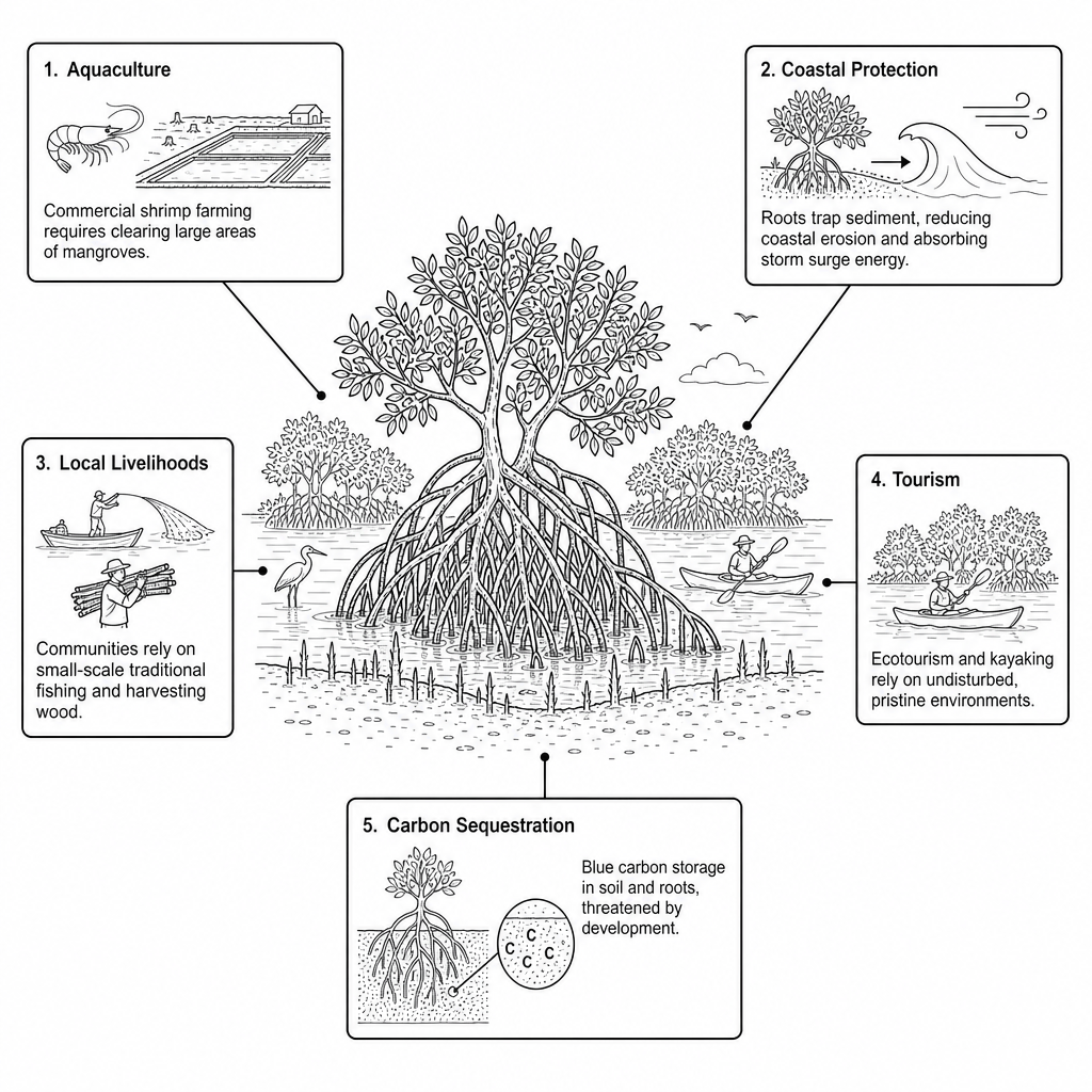 Figure 2a: An infographic showing the values and conflicts associated with mangrove forest ecosystems.