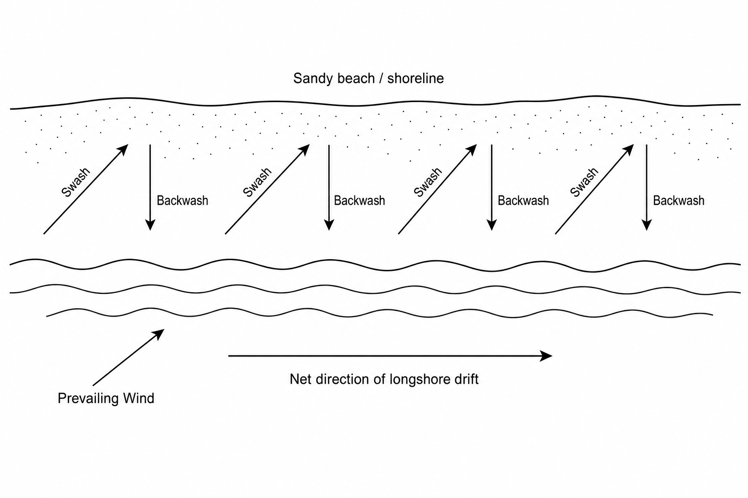 A diagram showing a coastline with a sandy beach at the top and the sea at the bottom. An arrow indicating the 'Prevailing Wind' points diagonally up and to the right toward the shoreline. Zig-zag arrows on the beach demonstrate sediment movement: 'Swash' travels up the beach at an angle, while 'Backwash' travels straight down toward the sea at a 90-degree angle. An overarching arrow indicates the 'Net direction of sediment movement' from left to right along the coast.