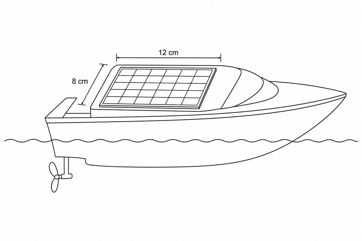 A diagram of a solar-powered toy boat. The rectangular solar panel on its top deck has a length of 12 cm and a width of 8 cm. A small underwater propeller is visible at the back.