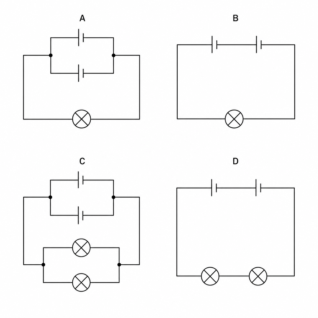 Four circuit diagrams labeled A, B, C, and D