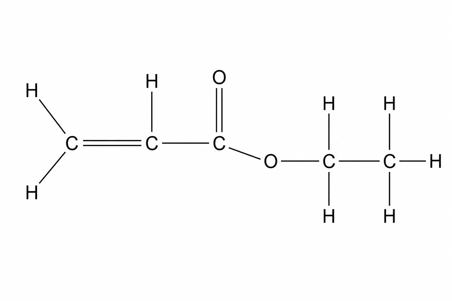 Displayed formula of Compound X (ethyl acrylate). On the left, there is an alkene group featuring a H2C=CH- unit. The CH carbon is single-bonded to a carbonyl carbon (C=O). This carbonyl carbon is single-bonded to an oxygen atom, which is in turn single-bonded to an ethyl group (-CH2-CH3).