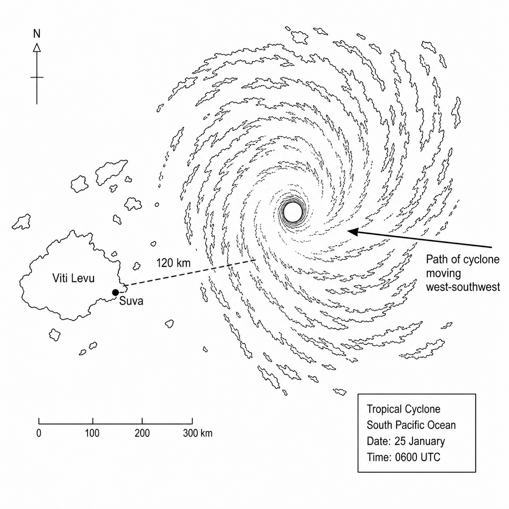 Satellite weather chart showing Tropical Cyclone Winston in the South Pacific Ocean, with its eye located approximately 120 km east-northeast of Suva, moving west-southwest towards Viti Levu.